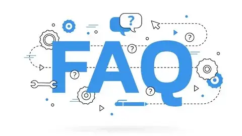 Blue "FAQ" text with question marks, gears, and speech bubbles around it. The design is dynamic, with arrows and dotted lines implying movement.