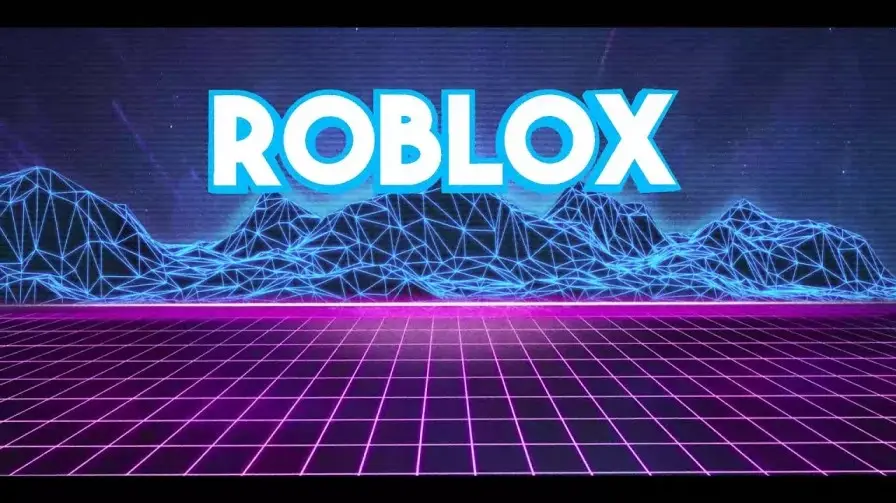 Retro-style image with RobloxMod Apk in bright blue neon text. Background features wireframe mountains and a pink grid floor, evoking a nostalgic, futuristic vibe.