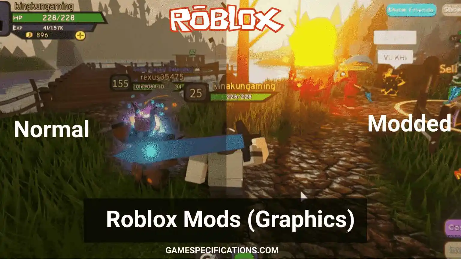 Split screen showing a Roblox game scene comparing normal and modded graphics. The left shows standard visuals, while the right features enhanced lighting and effects. Text reads 'Roblox Mods (Graphics).' The atmosphere is dynamic, with vibrant colors and lively character interactions under a bright sky.