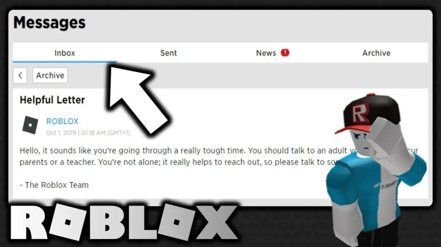 Roblox message interface showing a supportive letter, with an arrow pointing to "Inbox." A Roblox character stands thoughtfully to the right.