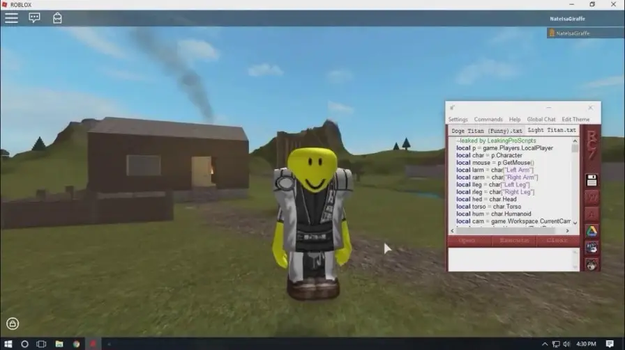 A Roblox character with a yellow smiley face and silver armor stands on a grassy landscape with a wooden house and mountains in the background. A code script window is open on the right. The scene conveys a playful and creative gaming environment.