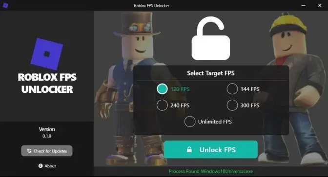 Roblox FPS Unlocker interface featuring character images and a large lock icon. Options to select target FPS: 120, 144, 240, 300, or Unlimited. Buttons for unlocking FPS, checking for updates, and version info are displayed.