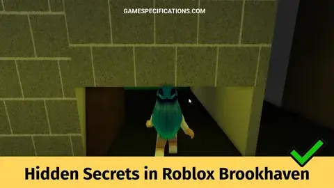 A character with turquoise hair explores a dark, secretive hallway in Roblox Brookhaven. Text overlay reads 'Hidden Secrets in Roblox Brookhaven' with a green checkmark symbol, conveying mystery and exploration. The mood is curious and adventurous.