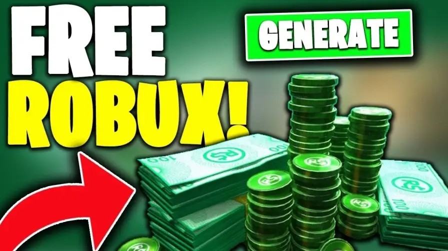 Bright image featuring the text 'Free Robux!' with a large red arrow pointing to stacks of Robux currency. The word 'Generate' appears in green.