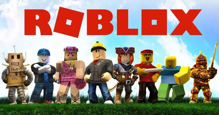 Group of colorful Roblox characters stand on grassy field under a blue sky. Bold red "ROBLOX" logo hovers above them, conveying a playful and adventurous tone.